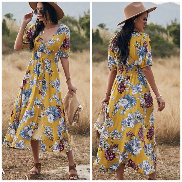 Floral print maxi dress in yellow mustard - Picture 2 of 5